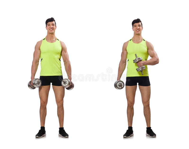 O halterofilista rasgado muscular com pesos foto de stock O halterofilista rasgado muscular com pesos foto de stock