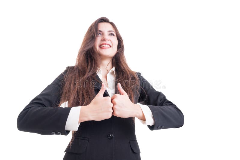 O herói disparou da mulher de negócio que mostra o dobro como o gesto fotos de stock royalty free O herói disparou da mulher de negócio que mostra o dobro como o gesto fotos de stock royalty free