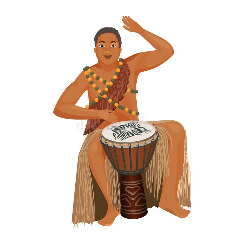 O homem africano na roupa étnica joga o djembe de madeira ilustração stock O homem africano na roupa étnica joga o djembe de madeira ilustração stock