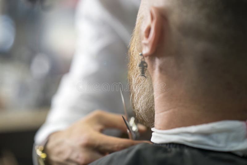 O homem caucasiano com eardrop incomum sent-se-ar no barbeiro quando barbeiro profissional que corta sua barba imagens de stock O homem caucasiano com eardrop incomum sent-se-ar no barbeiro quando barbeiro profissional que corta sua barba imagens de stock