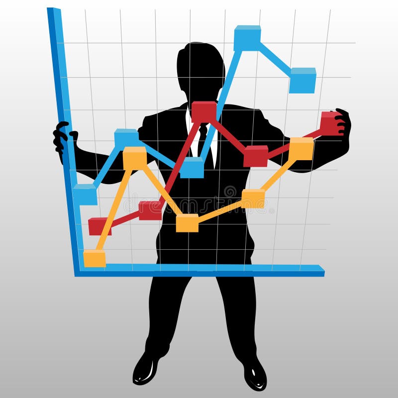 A businessman silhouette holds up a financial profit growth chart, in a view from above. A businessman silhouette holds up a financial profit growth chart, in a view from above.