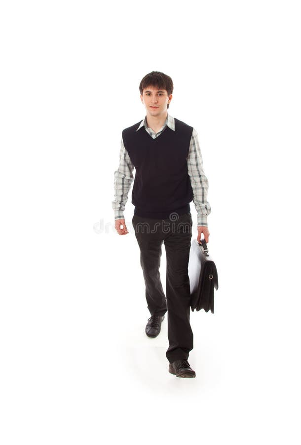 O homem de negócios de passeio novo isolado em um branco fotografia de stock royalty free O homem de negócios de passeio novo isolado em um branco fotografia de stock royalty free