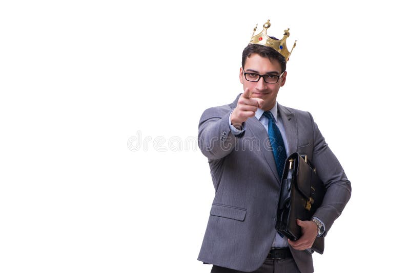 O homem de negócios do rei isolado no fundo branco fotografia de stock O homem de negócios do rei isolado no fundo branco fotografia de stock