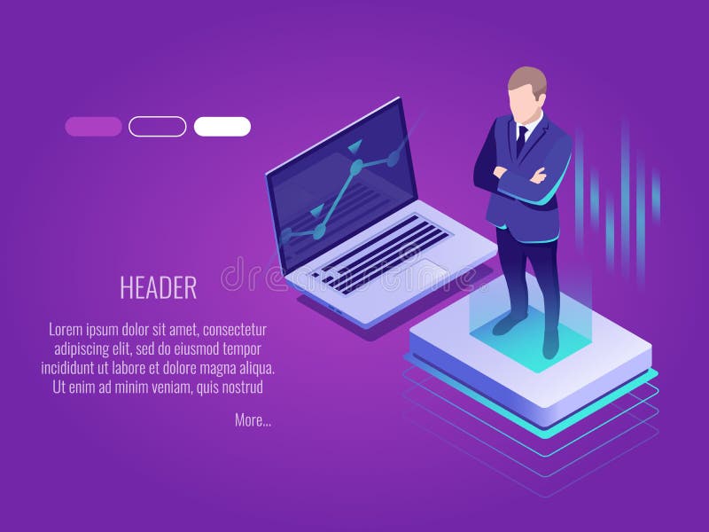 O homem de negócios está estando no botão luminoso Conceito isométrico da tecnologia da TI, gestão do servidor Molde do encabeçam ilustração stock O homem de negócios está estando no botão luminoso Conceito isométrico da tecnologia da TI, gestão do servidor Molde do encabeçam ilustração stock