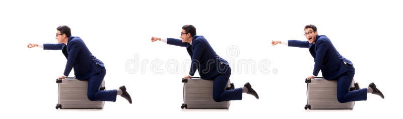 O homem de negócios no conceito da viagem de negócios isolado no branco imagens de stock O homem de negócios no conceito da viagem de negócios isolado no branco imagens de stock