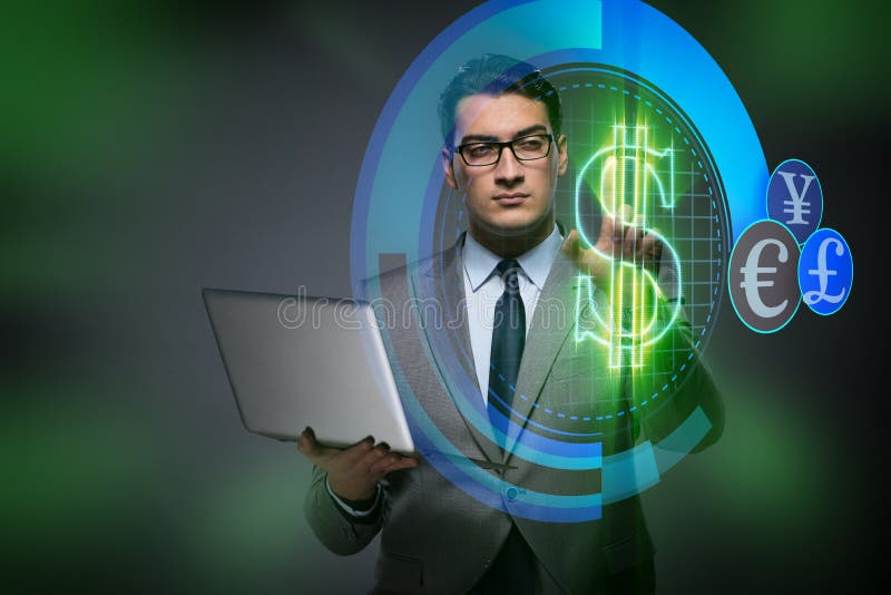 O homem de negócios no conceito em linha da troca de moeda ilustração stock O homem de negócios no conceito em linha da troca de moeda ilustração stock