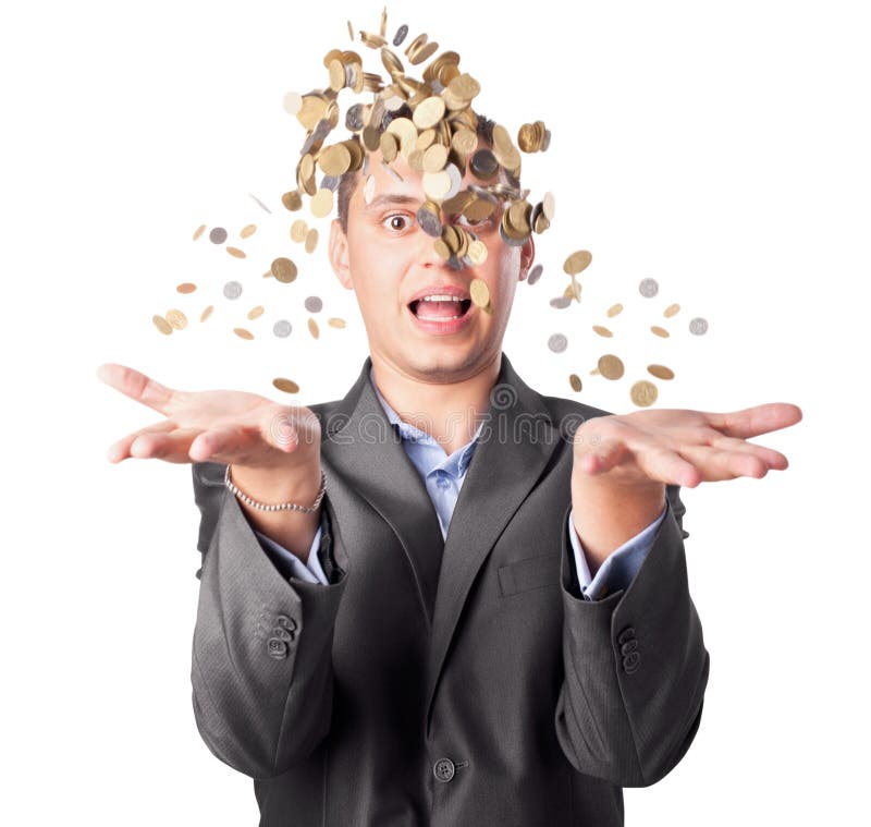 O homem de negócios novo joga acima muitas moedas imagem de stock O homem de negócios novo joga acima muitas moedas imagem de stock