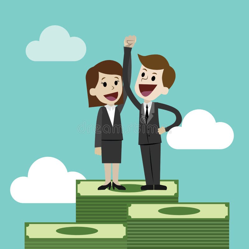 O homem de negócios ou o gerente e as mulheres de negócios estão estando em uma pilha de dinheiro grande Team o trabalho ilustração royalty free O homem de negócios ou o gerente e as mulheres de negócios estão estando em uma pilha de dinheiro grande Team o trabalho ilustração royalty free