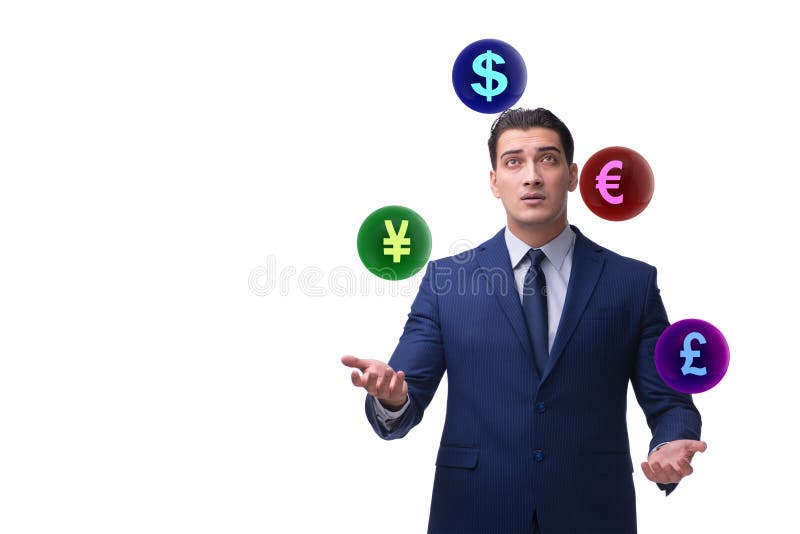 O homem de negócios que manipula entre várias moedas imagem de stock O homem de negócios que manipula entre várias moedas imagem de stock