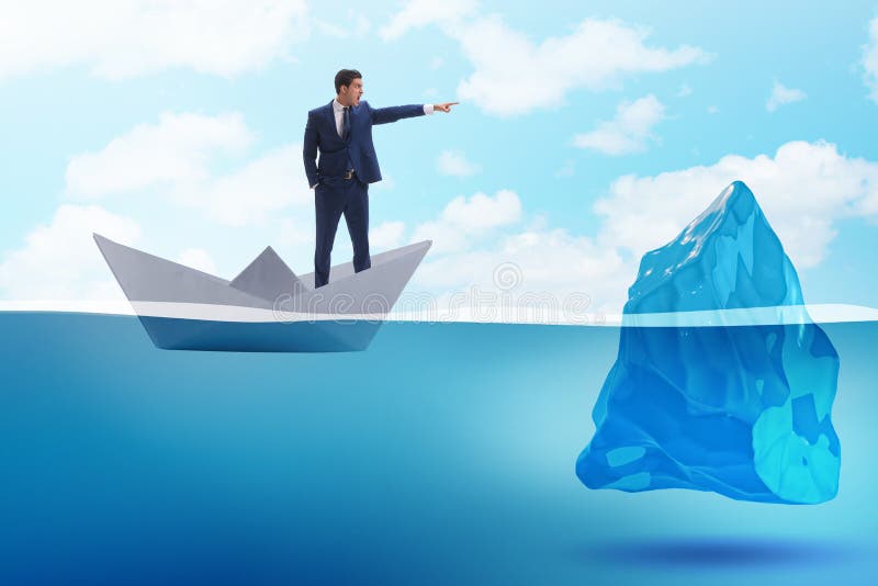 O homem de negócios que mostra sentidos para evitar problemas como o iceberg