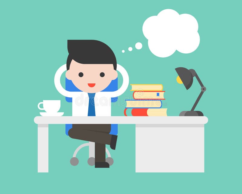 O homem de negócios que sentam-se após a mesa e o discurso borbulham, situa do negócio ilustração stock O homem de negócios que sentam-se após a mesa e o discurso borbulham, situa do negócio ilustração stock