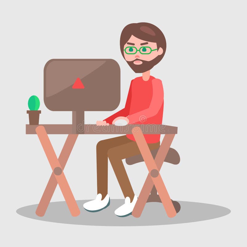 O homem dos desenhos animados senta-se na tabela com vetor do computador ilustração royalty free O homem dos desenhos animados senta-se na tabela com vetor do computador ilustração royalty free