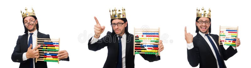 O homem engraçado com calculadora e ábaco fotos de stock royalty free O homem engraçado com calculadora e ábaco fotos de stock royalty free