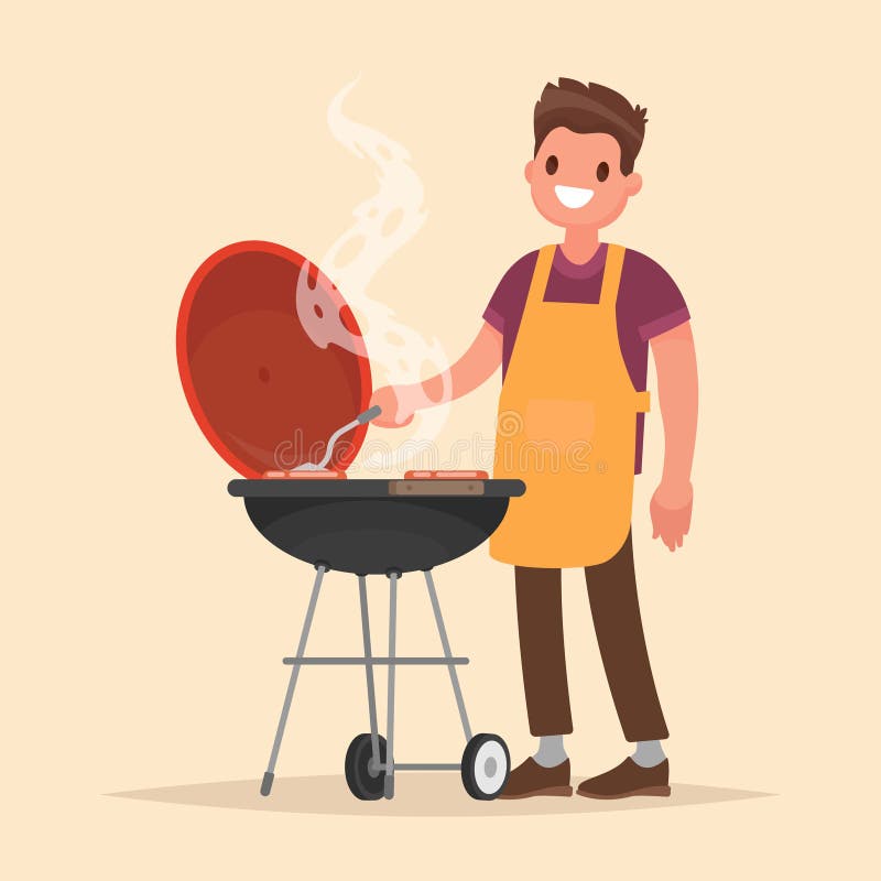O homem está cozinhando uma grade do assado Carne e salsichas da fritada no fogo ilustração stock O homem está cozinhando uma grade do assado Carne e salsichas da fritada no fogo ilustração stock