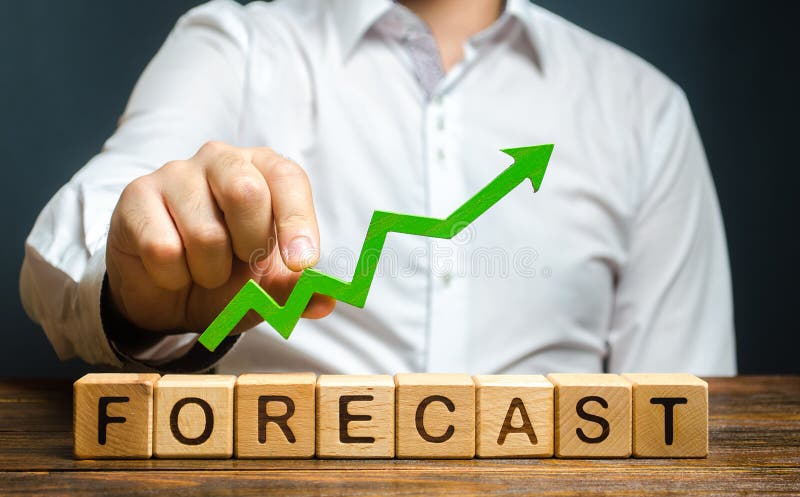 Man holds green arrow up over word Forecast. Prediction of profit growth, value of assets and market conditions. Increase income and earnings. A budget surplus, prosperous economy or company. Man holds green arrow up over word Forecast. Prediction of profit growth, value of assets and market conditions. Increase income and earnings. A budget surplus, prosperous economy or company