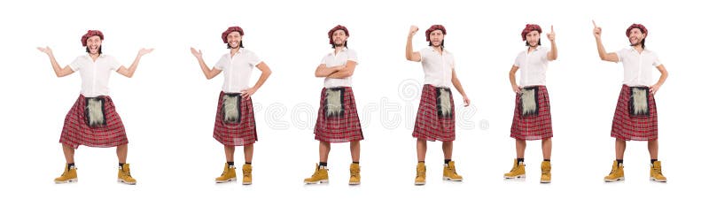 O homem na saia do scottish isolada no branco foto de stock royalty free O homem na saia do scottish isolada no branco foto de stock royalty free