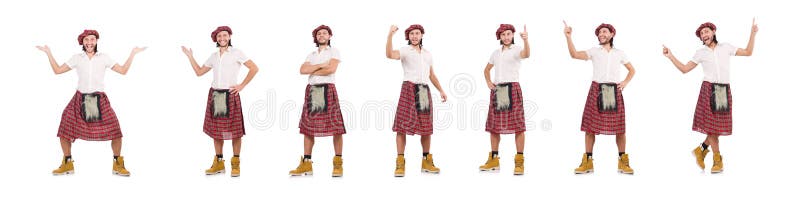 O homem na saia do scottish isolada no branco imagens de stock O homem na saia do scottish isolada no branco imagens de stock