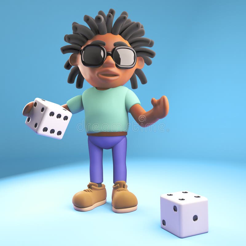 O homem negro fresco com dreadlocks prepara-se para jogar os dados, ilustração 3d ilustração do vetor O homem negro fresco com dreadlocks prepara-se para jogar os dados, ilustração 3d ilustração do vetor