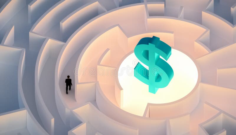 O homem no terno que anda em um labirinto ou em um labirinto que procura ou que procura a riqueza ou o dinheiro simbolizou por um ilustração stock O homem no terno que anda em um labirinto ou em um labirinto que procura ou que procura a riqueza ou o dinheiro simbolizou por um ilustração stock