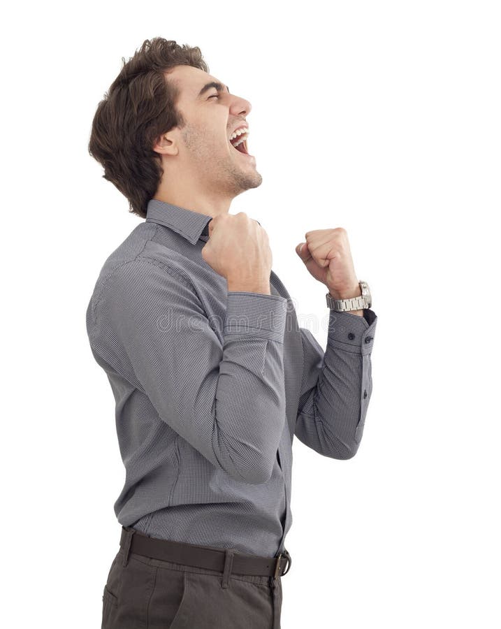O homem novo bem sucedido arma-se acima foto de stock royalty free O homem novo bem sucedido arma-se acima foto de stock royalty free