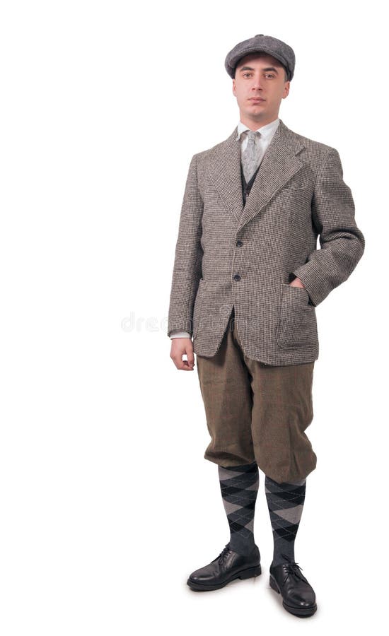 Young man in vintage clothes with hat, 1940 style, on the white background. Young man in vintage clothes with hat, 1940 style, on the white background