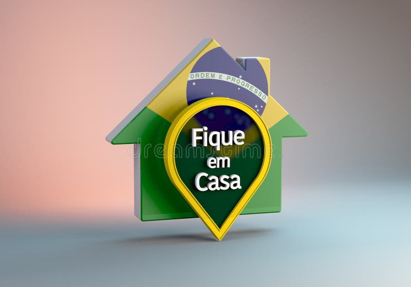 O ilustrare 3d a unei case cu steagul brazilian cu mențiunea ședere la domiciliu, protejată de coronavirus sau stock illustration