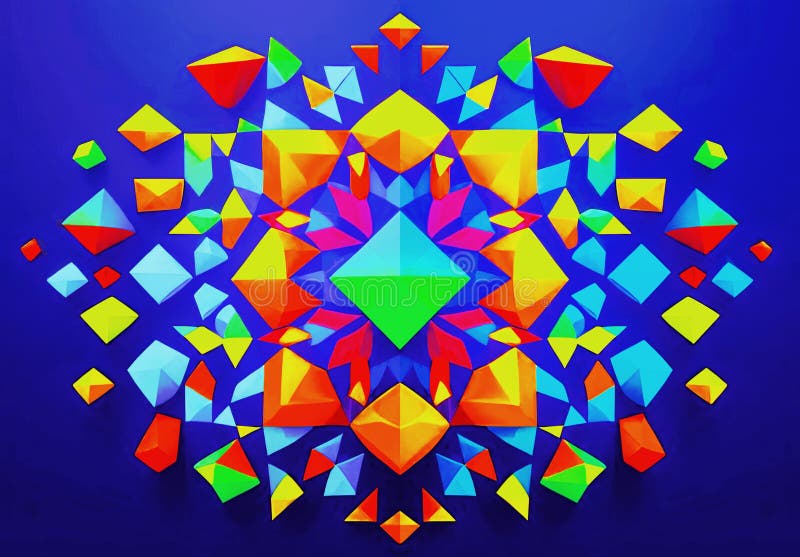 O ilustrare radială abstractă compusă din poligoane colorate pe fond albastru gradient stock illustration