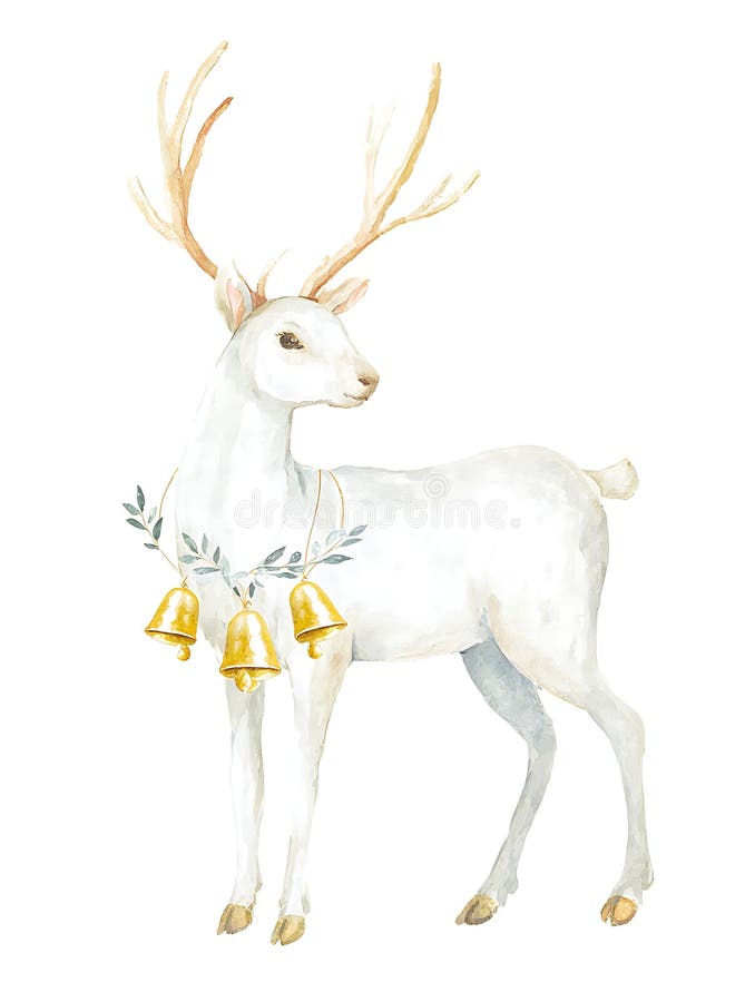 O ilustrare în acuarelă a unei cerbi albe cu coarne de cerb alungite. Clopotele de aur atârnă vector illustration