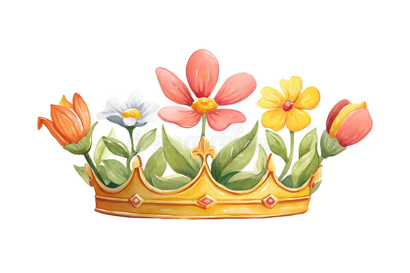 O ilustrare în acuarelă a unei coroane aurii împodobite cu cinci flori colorate. La royalty free illustration
