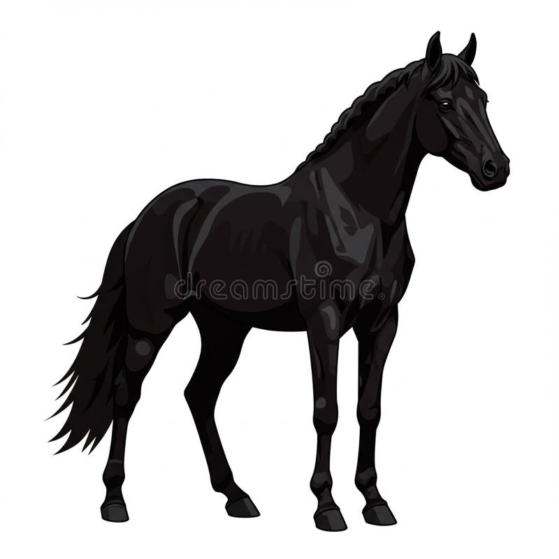 O ilustrație digitală a unui cal maiestuos negru cu o haină strălucitoare. Calul stă într-o vector illustration