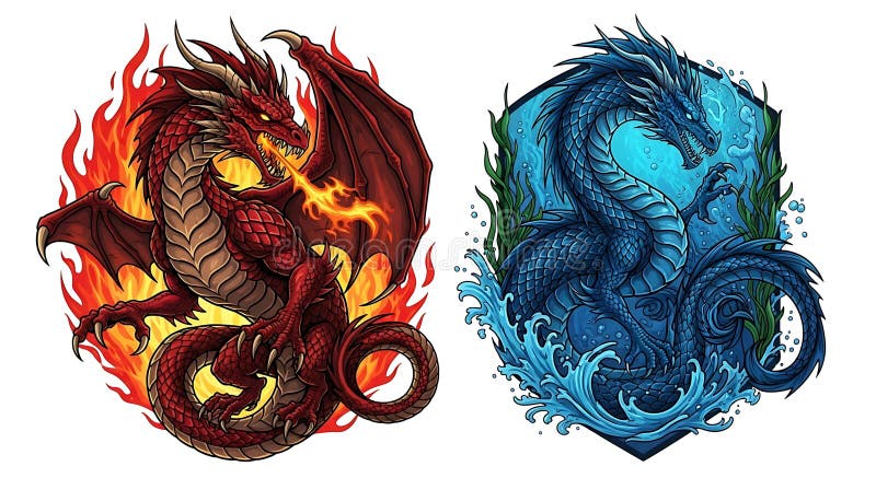 O ilustrație vie cu doi dragoni, unul roșu și unul albastru. Dragonul roșu stock illustration