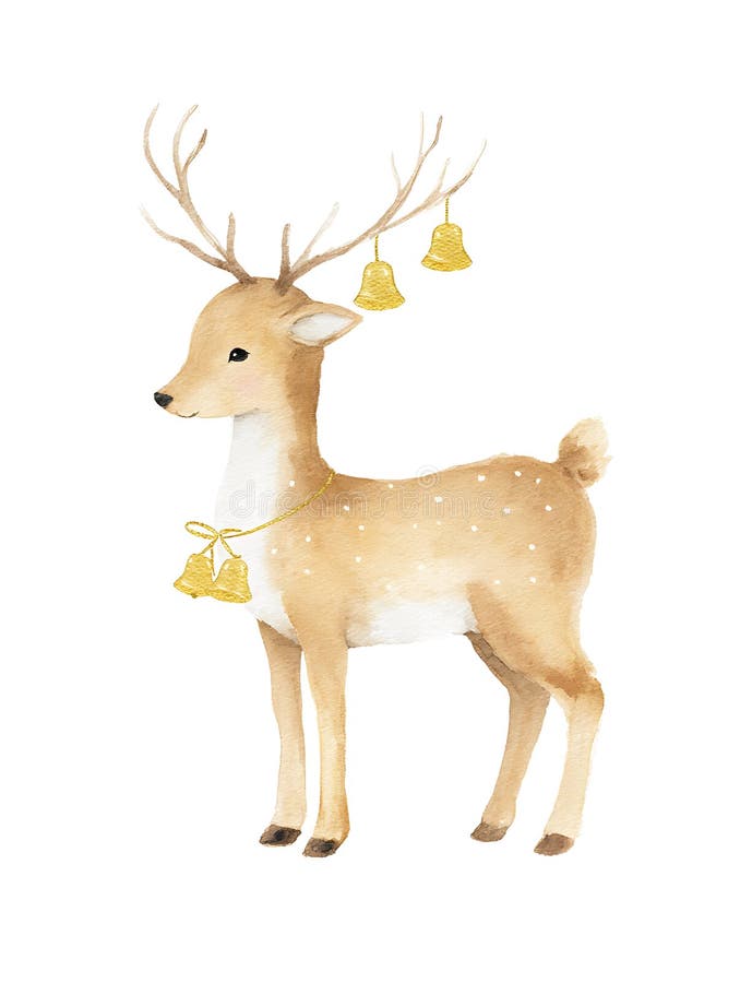 O ilustrație în acuarelă a unei căprioare cu coarne proeminente împodobite cu clopote de aur. royalty free illustration