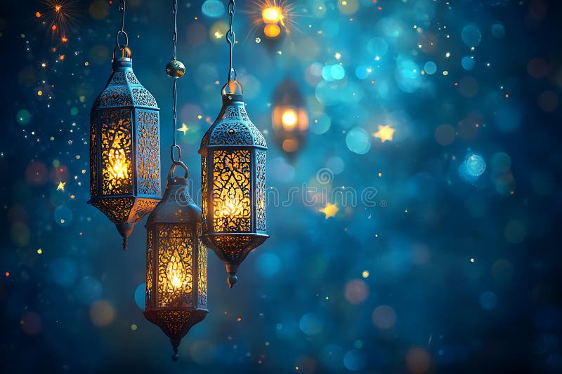 O imagine captivantă a unei semilună decorative, iluminată de lumini călduroase și felinare tradiționale vector illustration