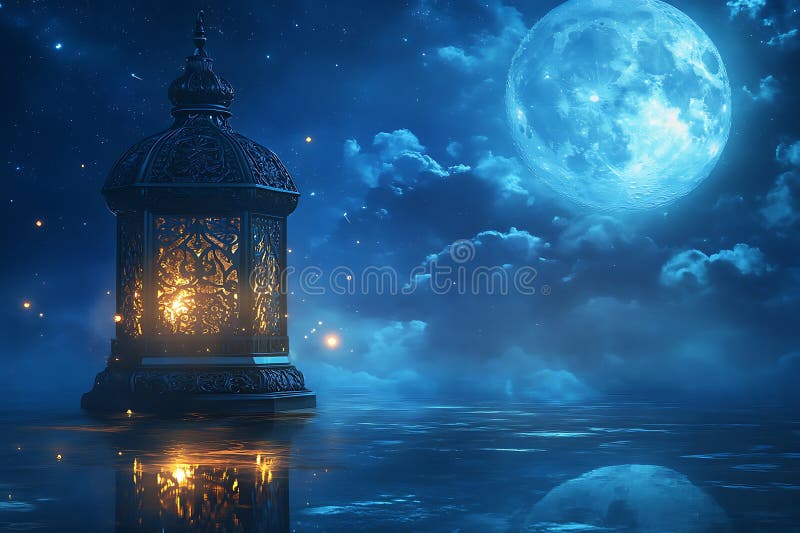 O imagine captivantă a unei semilună decorative, iluminată de lumini călduroase și felinare tradiționale vector illustration
