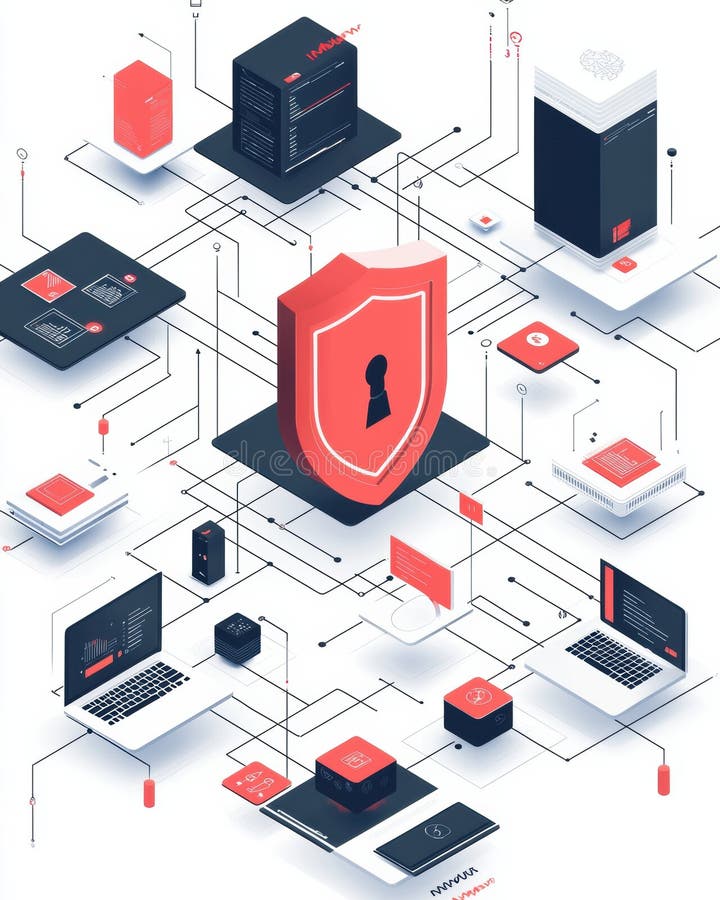 O imagine cuprinzătoare a securității cibernetice cu un sistem grafic informatic ecranat pentru o mai bună protecție a datelor și vector illustration