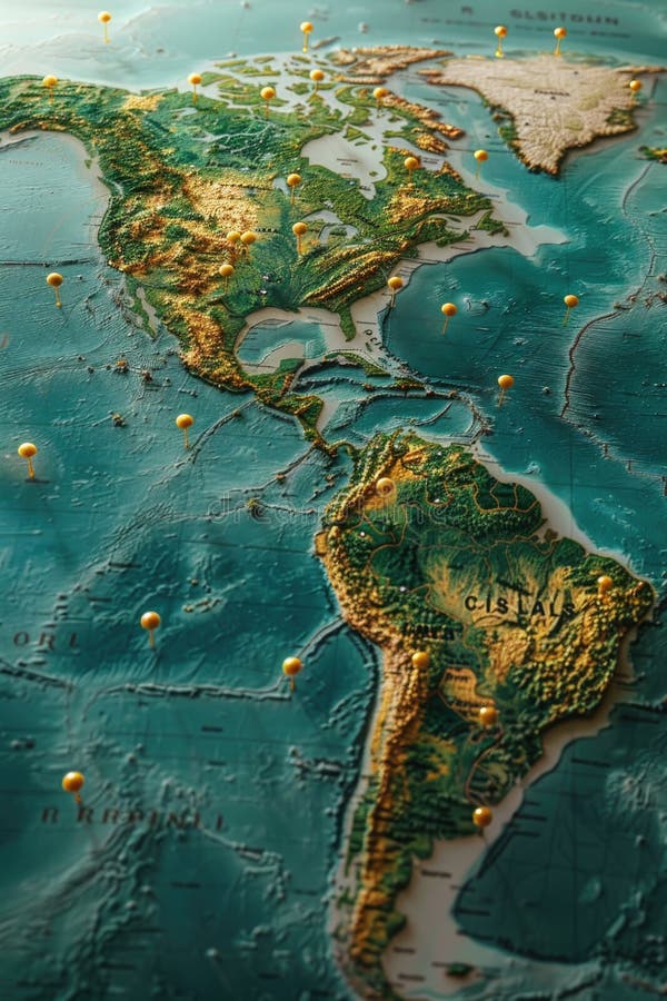 O imagine de ansamblu asupra unei hărți mondiale care prezintă diferite țări și caracteristici geografice. AI generat