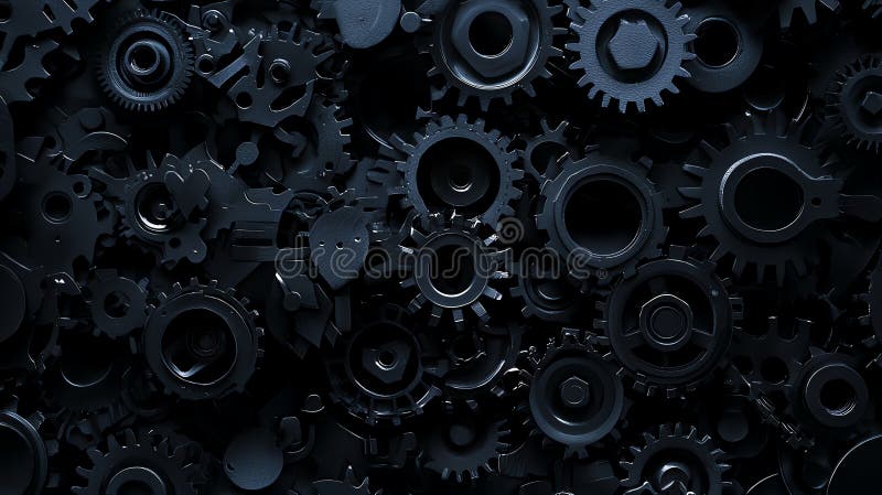 O imagine de ansamblu a numeroaselor angrenaje negre interconectate simbolizând mașini complexe și tehnologie industrială royalty free illustration