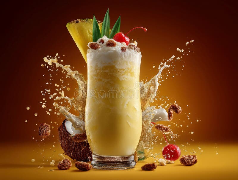 O imagine dinamică vibrantă prezintă o băutură tropicală revigorantă înconjurată de bucăți de ananas și nuci de banane și royalty free stock photos