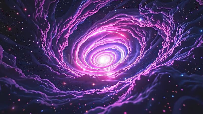O imagine orizontală generată digital reprezentând o nebuloasă violet-profundă aglomerată care se învârte spre exterior într-o IA stock illustration