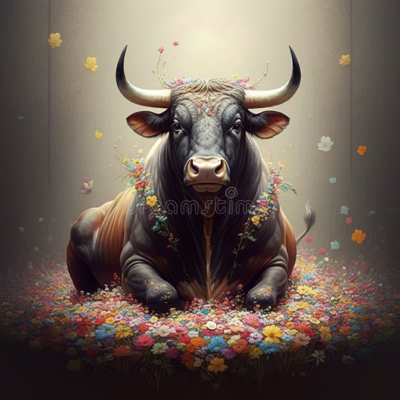 O imagine redată digital a unui taur negru maiestuos cu coarne curbate mari întinse royalty free illustration
