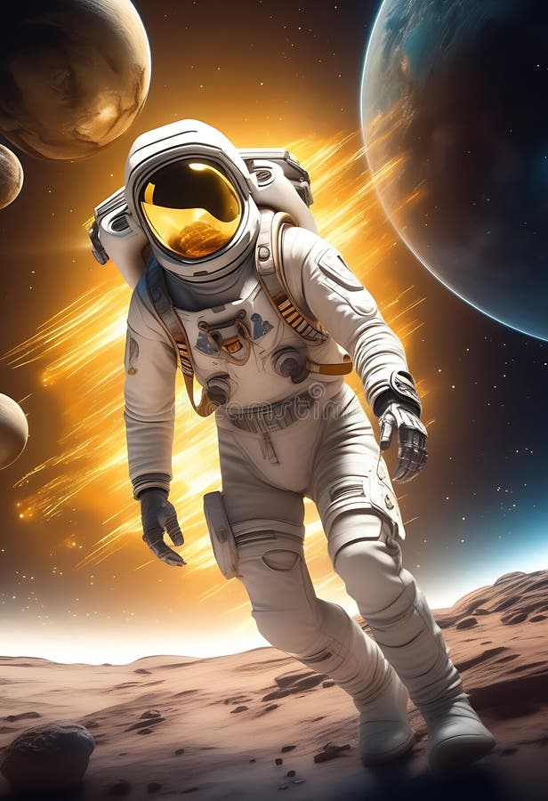 O imagine uimitoare a unui astronaut care explorează un peisaj cosmic cu un fundal vibrant al galaxiilor și planetelor care se înv stock photo