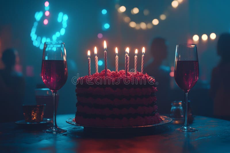 O imagine a unui tort simplu, dar elegant, împodobit cu lumânări și confetti se află pe o masă la o masă sofisticată stock images