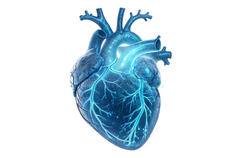 O inimă albastră irizantă fascinantă pulsează cu lumină eterică o imagine captivantă a frumuseții anatomice și a minunii tehnologi stock illustration