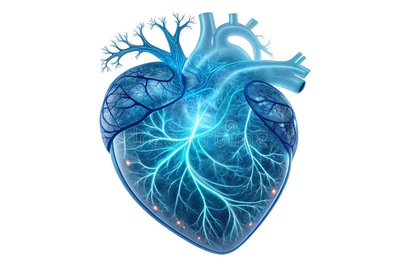 O inimă albastră irizantă fascinantă pulsează cu lumină eterică o imagine captivantă a frumuseții anatomice și a minunii tehnologi stock illustration