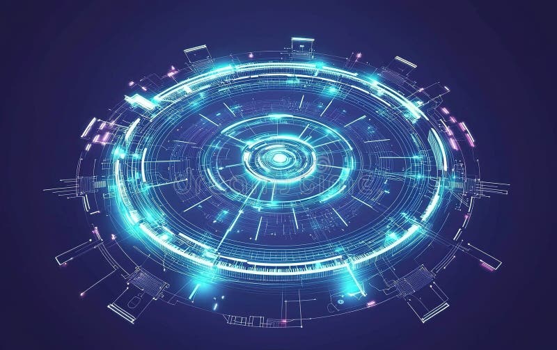 O interfață digitală futuristă cu tipare circulare strălucitoare și culori aprinse pentru tonuri neon, setate pe o suprafață adânc royalty free illustration