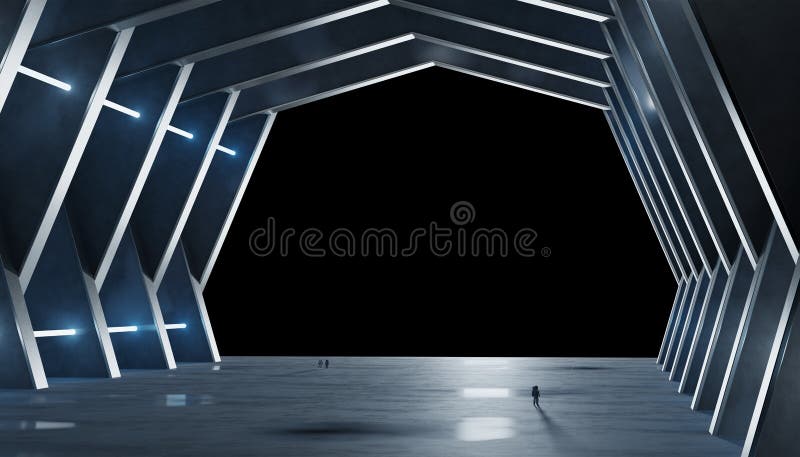 O interior azulado enorme da nave espacial do salão isolou a rendição 3D ilustração do vetor O interior azulado enorme da nave espacial do salão isolou a rendição 3D ilustração do vetor