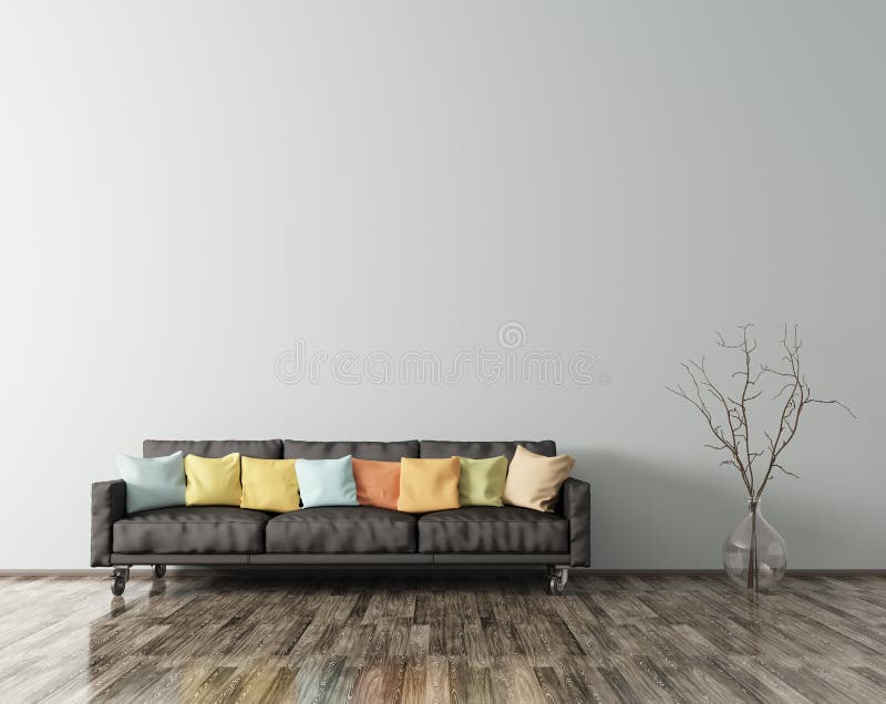 O interior moderno da sala de visitas com sofá preto 3d rende ilustração royalty free O interior moderno da sala de visitas com sofá preto 3d rende ilustração royalty free