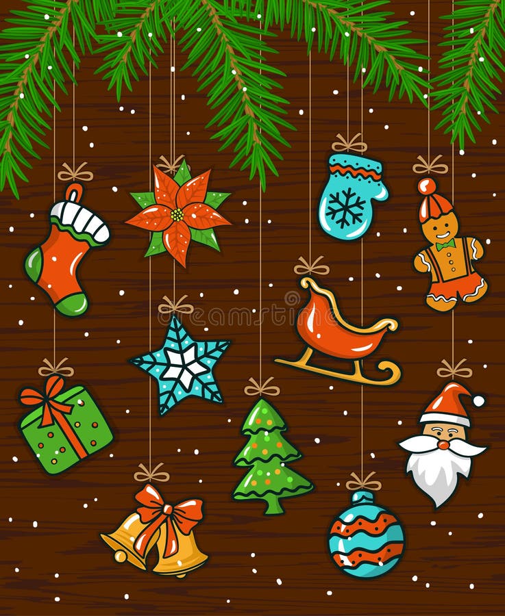 O inverno sazonal do Feliz Natal e do ano novo feliz carda o fundo com as festões das cordas de suspensão com elementos da decora ilustração stock O inverno sazonal do Feliz Natal e do ano novo feliz carda o fundo com as festões das cordas de suspensão com elementos da decora ilustração stock
