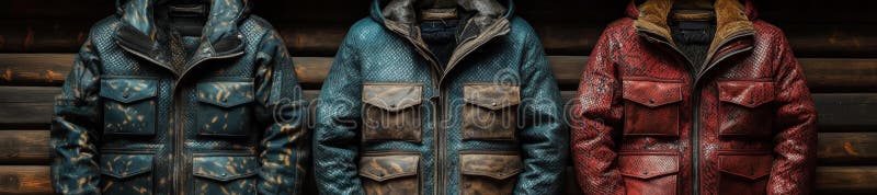 O jachetă de iarnă elegantă cu accente de imprimare de șarpe în roșu albastru și maro, oferind atât căldură, cât și lux stock illustration