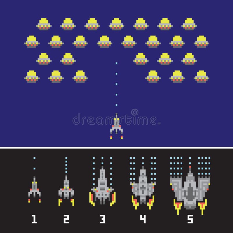 Estilo de arte pixel antigo ufo jogo de guerra espacial. monstros